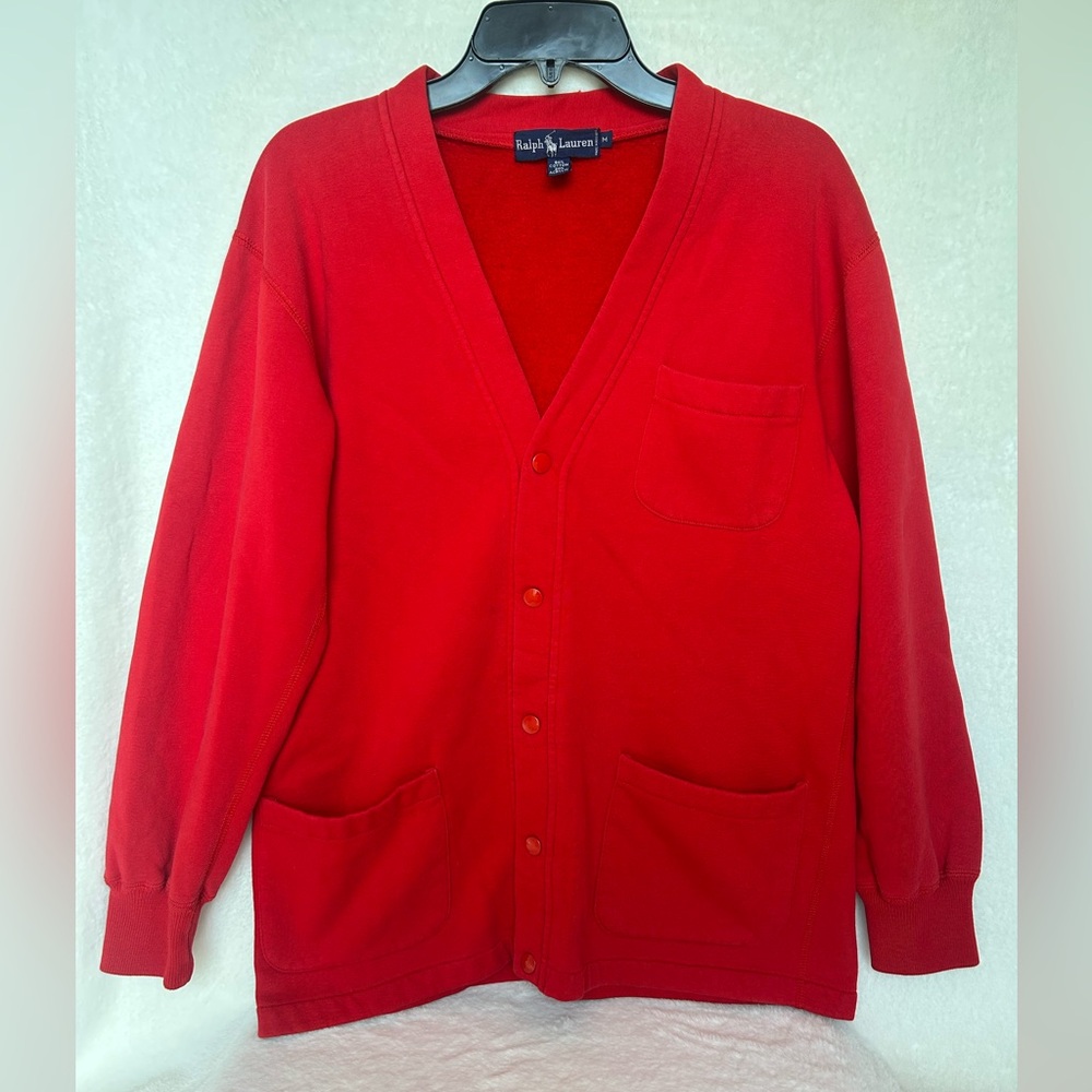 Vintage 90s Men’s Red Polo Ralph Lauren Button Cardigan Size M Cotton Blend